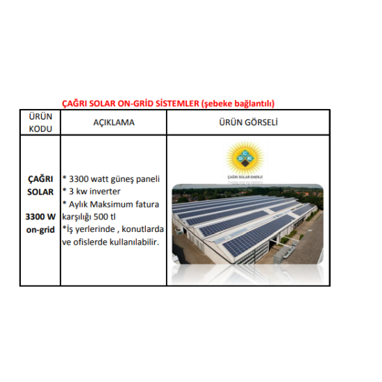  3 kw Ev-İş Yeri Aküsüz Solar Sistem On Grid  3300 w