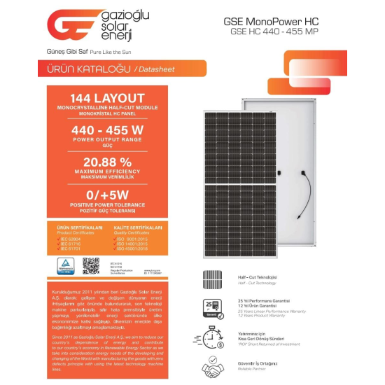 Gazioğlu Solar 455W HALF CUT MONOKRISTAL GÜNEŞ PANELİ