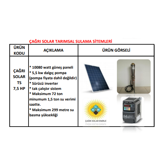 7,5 HP Solar Tarımsal Sulama Sistemi TS 7,5 HP