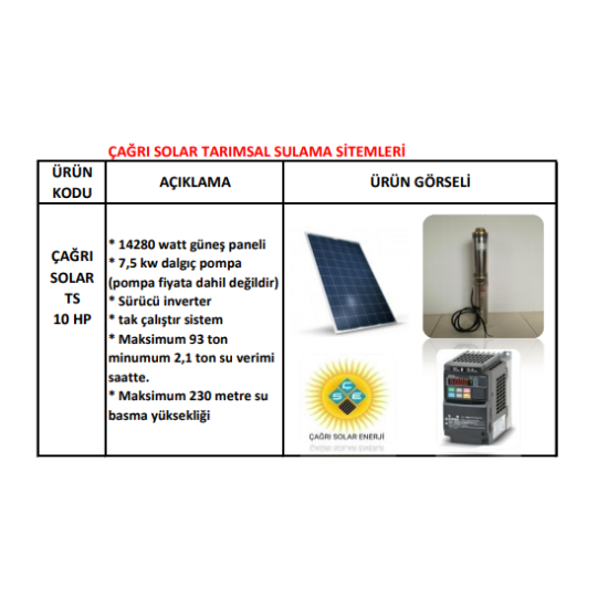 10 HP Solar Tarımsal Sulama Sistemi TS 10 HP