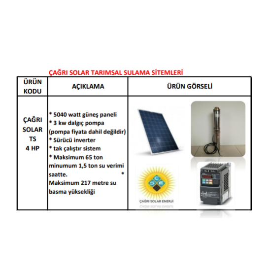 4 HP Solar Tarımsal Sulama Sistemi TS 4 HP