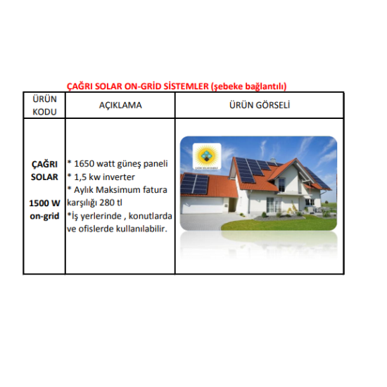  1,5 kw Ev-İş Yeri Aküsüz Solar Sistem On Grid  1500 w