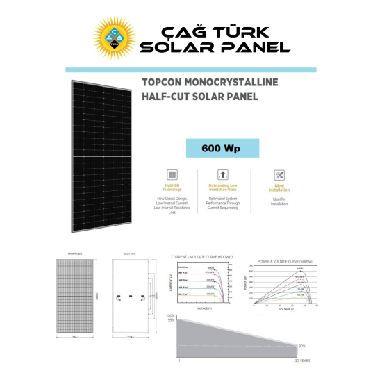 Torges Solar 600 Watt (ön yüz) 700 Watt (çift yüz)  A + (artı) TOPCON 12 Yıl Üretici Garantisi