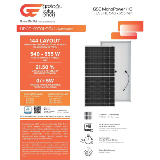 Gazioğlu Solar 550W HALF CUT MONOKRISTAL GÜNEŞ PANELİ